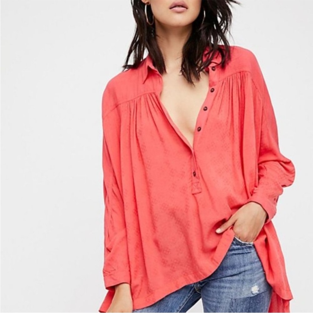 Free People Coral Button-Front Peasant Blouse